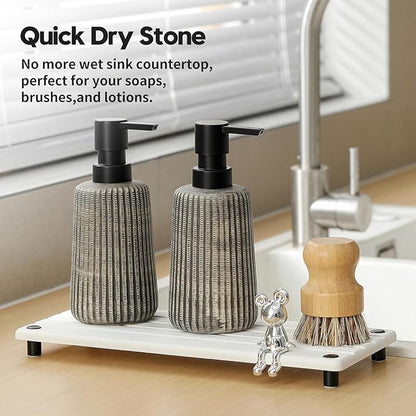 Razborci Instant Dry Sink Caddy Kitchen Sink Organizer, Quick Drying Stone Tray Diatomite Sponge Holder Soap Dish, Bathroom Countertop Fast Dry Water Absorbing Vanity Rack, White, 12" x 5"