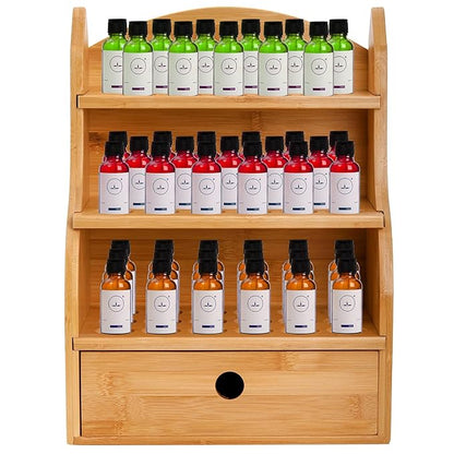 Dicunoy Essential Oils Storage Case, 46 Slots Nail Polish Shelf Display Rack with Drawer, Bamboo 3 Tiers Essential Oil Organizer Holds 10/15/20/30ml Bottles for Home, Cosmetic Shelf, Fairs, Shop