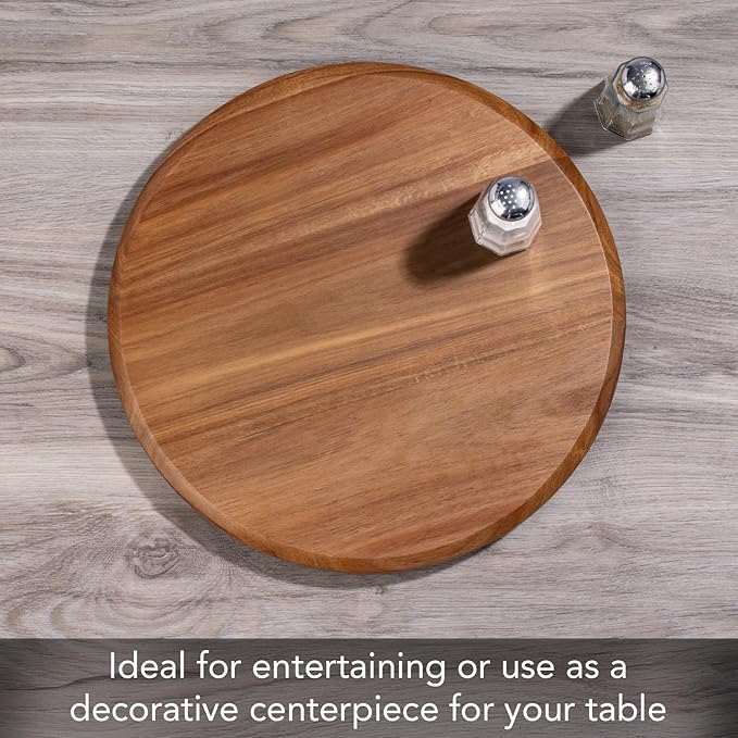 CounterArt Natural Acacia Wood Round Lazy Susan Turntable 14" Diameter Condiment Caddy, Cheese Server, Cake Plate, Spice Organization