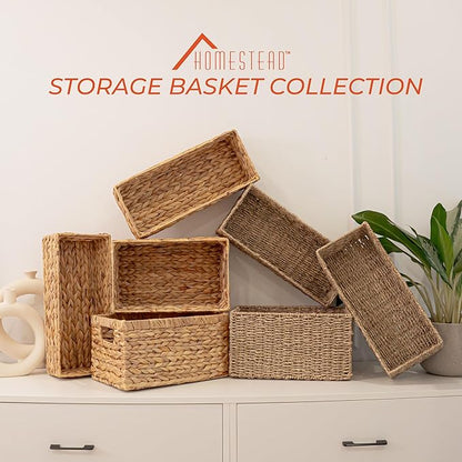 HOMESTEAD 2-Pack Rectangular Seagrass Storage Baskets with Built-In Handles, Handwoven Wicker Baskets for Pantry, Shelf, Closet & Bathroom Organization, 13.25 x 8.25 x 7.25 in