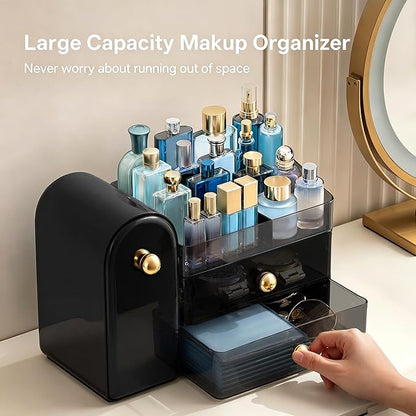 HBlife Makeup Organizer Countertop with Drawers, Vanity Organizers with Brush Holder, Bathroom Counter Organizer for Perfume, Nail Polishes, Lipsticks, Skincare and Eyeshadow Palettes, Black and Gold