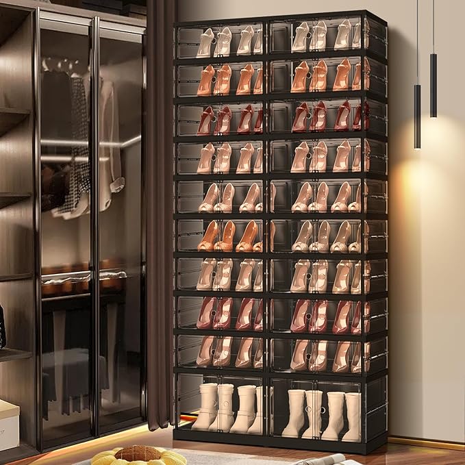 EHAMILY 10 Tiers 20-40 Pairs Foldable Shoe Boxes Large Plastic Shoe Storage Rack Collapsible Shoe Organizer for Closet Clear Stackable Shoes Shelf Storage Cabinet with Doors Quick Assembly Black