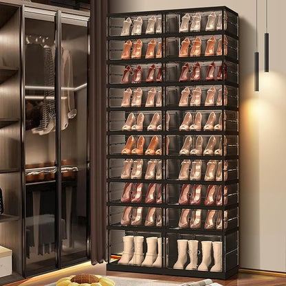 EHAMILY 10 Tiers 20-40 Pairs Foldable Shoe Boxes Large Plastic Shoe Storage Rack Collapsible Shoe Organizer for Closet Clear Stackable Shoes Shelf Storage Cabinet with Doors Quick Assembly Black