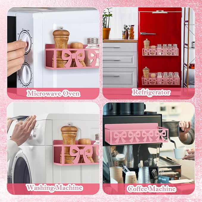 Beeveer 2 Pack Cute Bow Magnetic Spice Rack for Refrigerator Metal Magnet Basket Shelf for Fridge Seasoning Storage Organizers Home Decor Kitchen Accessories (Pink)