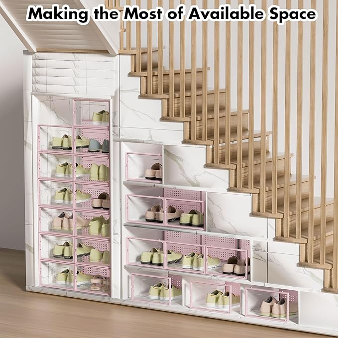Foluck Shoe Storage Box, 15 Pack Clear Plastic Stackable Shoe Organizer for Closet, Interlocking Design Shoe Container Bins for Sneakers, Foldable Shoe Rack with Lids, Pink