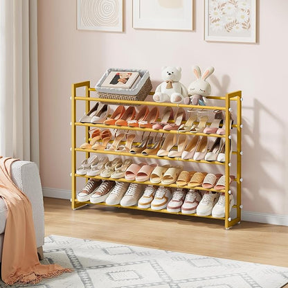 FAVOOSTY 5-Tier Expandable Shoe Rack, Adjustable Shoe Shelf Storage Organizer Space Saving Metal Free Standing Shoe Rack for Entryway Closet Doorway, Silver Grey (Gold, 5 Tier)