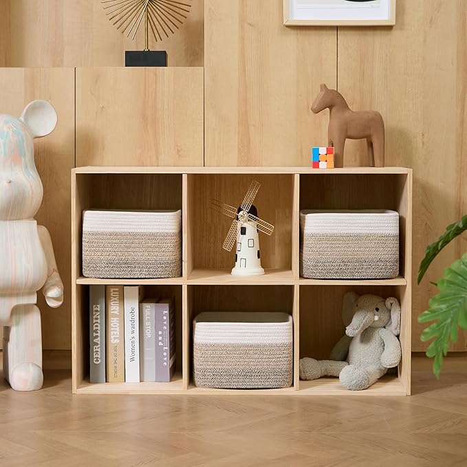 MiniArk Small Organizing Baskets for Cubes Shelf, 9.7x9.7x7.1 Inch Rope Woven Storage Bins for Nursery Shelves Storage, Cute Toy Basket, Square 3 Packs Gradient Brown