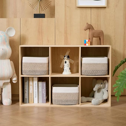 MiniArk Small Organizing Baskets for Cubes Shelf, 9.7x9.7x7.1 Inch Rope Woven Storage Bins for Nursery Shelves Storage, Cute Toy Basket, Square 3 Packs Gradient Brown