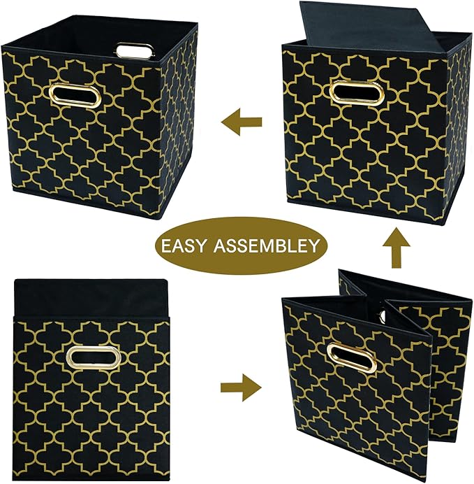 Fabric Cloth Storage Bins,Fabric Cube Organizer with Dual Handles Foldable Cube Storage Baskets for Home Bedroom Storage,Set of 3,(Black Gold)