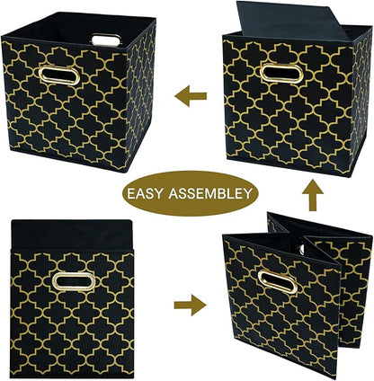 Fabric Cloth Storage Bins,Fabric Cube Organizer with Dual Handles Foldable Cube Storage Baskets for Home Bedroom Storage,Set of 3,(Black Gold)