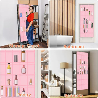NiHome Multi-Functional 35 Pockets Door Hanging Organizer Fit for Stanley Tumbler in Kitchen, Pantry, Bathroom, Large Capacity Elastic Mesh Secure Storage Water Bottle Cup Holder, Foldable (Pink)