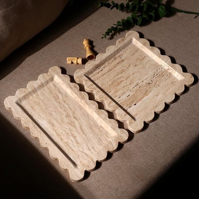 Natural 100% Marble Vanity Tray Luxury Scalloped Marble Storage Rectangle Italian Travertine Tray for Home Decor Stone Tray for Bathroom/Kitchen/Candle Key (Rectangle-11.8 * 7.4-Beige Travertine)