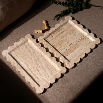 Natural 100% Marble Vanity Tray Luxury Scalloped Marble Storage Rectangle Italian Travertine Tray for Home Decor Stone Tray for Bathroom/Kitchen/Candle Key (Rectangle-11.8 * 7.4-Beige Travertine)