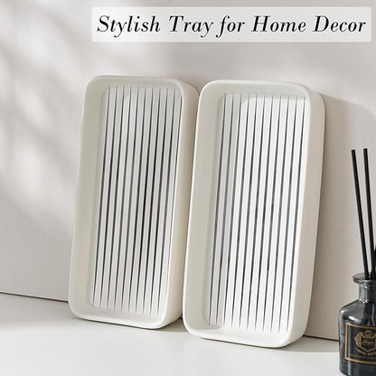 Bathroom Vanity Tray for Countertop,2PC Rectangle Striped Tray,Decorative Bathroom Organizer for Scrubber, Lotion Bottles, Perfume, Jewelry, Candle, Key Trinket Ring(Small,White)