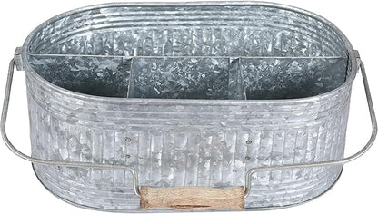 CLEENTABLE Farmhouse Galvanized Metal Utensil Caddy – 4-Compartment Silverware Organizer with Removable Handle for Countertop, Picnic & Party Use (10"x6.5"x5.5", Grey)