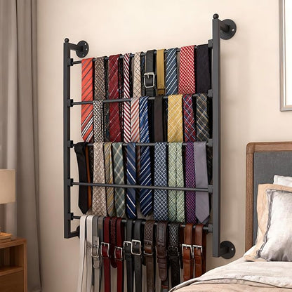 5 Tier Wall Mount Tie Rack Scarf Display Belt Pants Hangers Scarves Hijab Stand, Ribbon Organizer Holder Wrapping Paper Spool Storage Towel Rack for Retail Store,Home,Craft Room,Florist