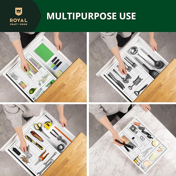 Luxury Bamboo Kitchen Drawer Organizer - Silverware Organizer - Utensil Holder and Cutlery Tray with Grooved Drawer Dividers for Flatware and Kitchen Utensils (7 Slot, White)