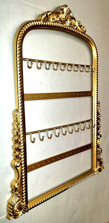 Vintage Gold Jewelry Organizer Wall Mount, Victorian Style Decorative Frame with Multiple Hooks and Bars, Ornate Necklace Earring Display Holder