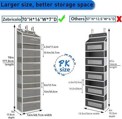 over the door organizer, Solid Bamboo Board (Not Plastic!) 6-Tier Heavy Duty 75LB, 12 Side Pockets, 3 Reinforced Hooks & Anti-Slip Pads, Waterproof & Washable, No Sagging, No Door Damage,Dusk Grey