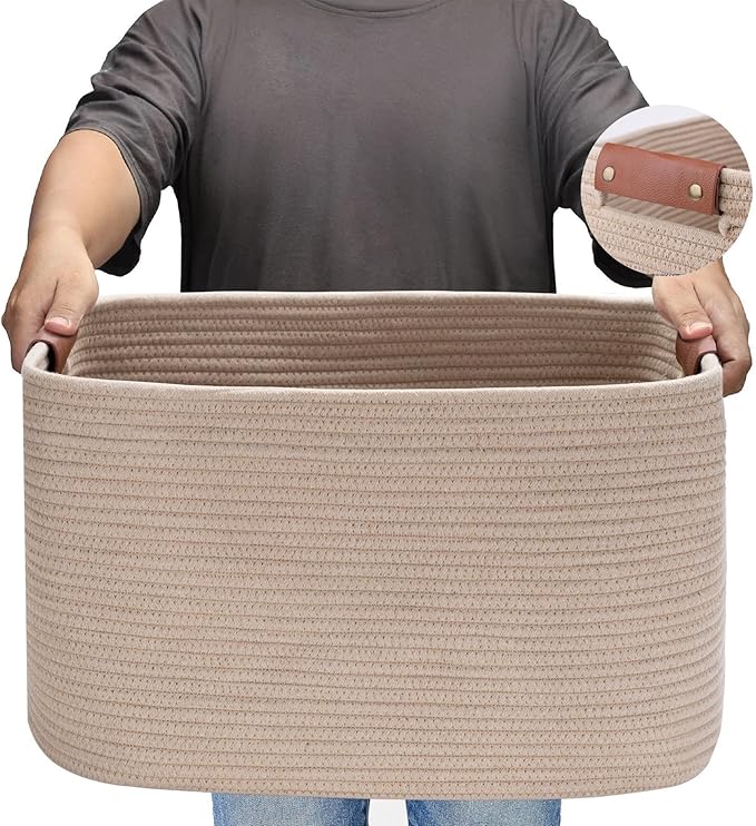 Large Cotton Rope Storage Basket with Leather Handles, Laundry Hamper Basket, 20 "L x 14" W x 12 "H, Durable & Stylish Organizer for Home.(Large Khaki)