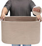 Large Cotton Rope Storage Basket with Leather Handles, Laundry Hamper Basket, 20 "L x 14" W x 12 "H, Durable & Stylish Organizer for Home.(Large Khaki)
