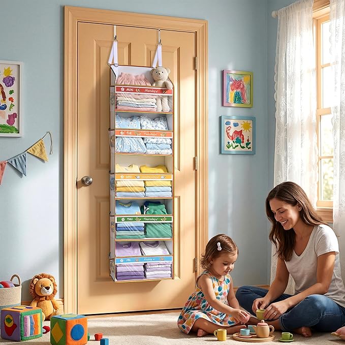 5 Tiers Adjustable Weekly Over Door Organizer with 10 Mesh Side Pockets, 44 lbs Weight Capacity Hanging Storage Organizer with Clear Window Kids Toys, Shoes, Diapers, Colorful