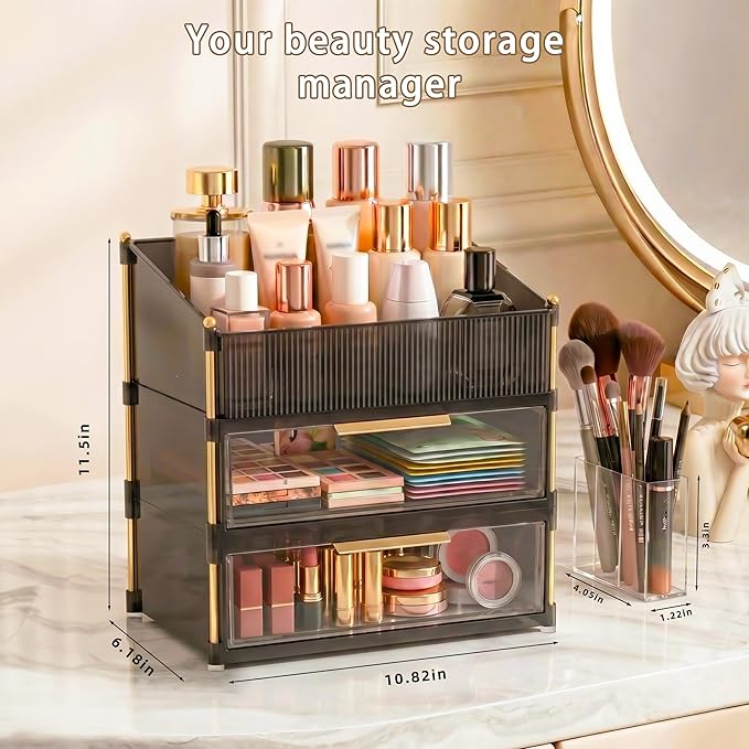 Large Capacity Makeup Organizer Countertop with Brush Holder, Vanity Skincare Perfume Storage Box for Bathroom, Mother's Day Birthday Anniversary Teen Girl Gifts for Women Mom