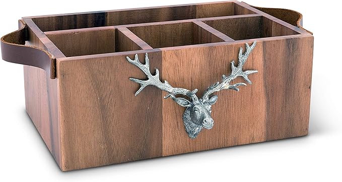 Vagabond House Caddy Rectangle Acacia Wood Flatware/Serve ware/Utensil/Carry-All Holder with Solid Pewter Rustic Elk Accent Real Leather Handles, 3 Small and 1 Larger Compartment 13 inch Long