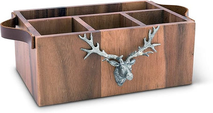 Vagabond House Caddy Rectangle Acacia Wood Flatware/Serve ware/Utensil/Carry-All Holder with Solid Pewter Rustic Elk Accent Real Leather Handles, 3 Small and 1 Larger Compartment 13 inch Long