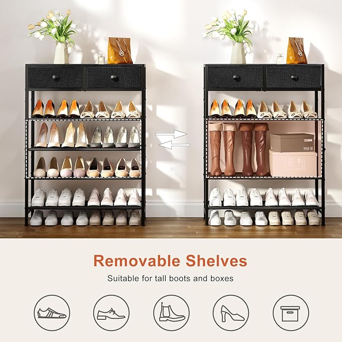 Shoe Rack, 5 Tier Shoe Organizer with 2 Drawers, Metal Shoe Storage for 16-20 Pairs of Shoes with Fabric Shelves and Wooden Top, Narrow Shoe Shelf for Closet Entryway Black