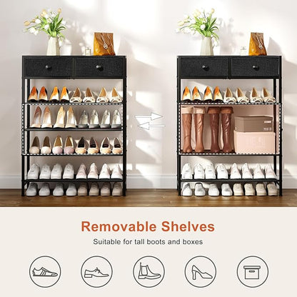 Shoe Rack, 5 Tier Shoe Organizer with 2 Drawers, Metal Shoe Storage for 16-20 Pairs of Shoes with Fabric Shelves and Wooden Top, Narrow Shoe Shelf for Closet Entryway Black
