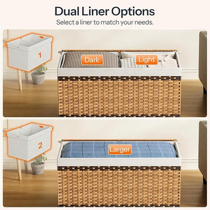 HOOBRO Storage Basket with Lid, 52.8 Gallon (200L) Wicker Storage Basket with 2 Separate Lid, Blanket Storage Bin with 2 Removable Liner Bags, for Bedroom, Laundry, Natural and Brown NL277CW01