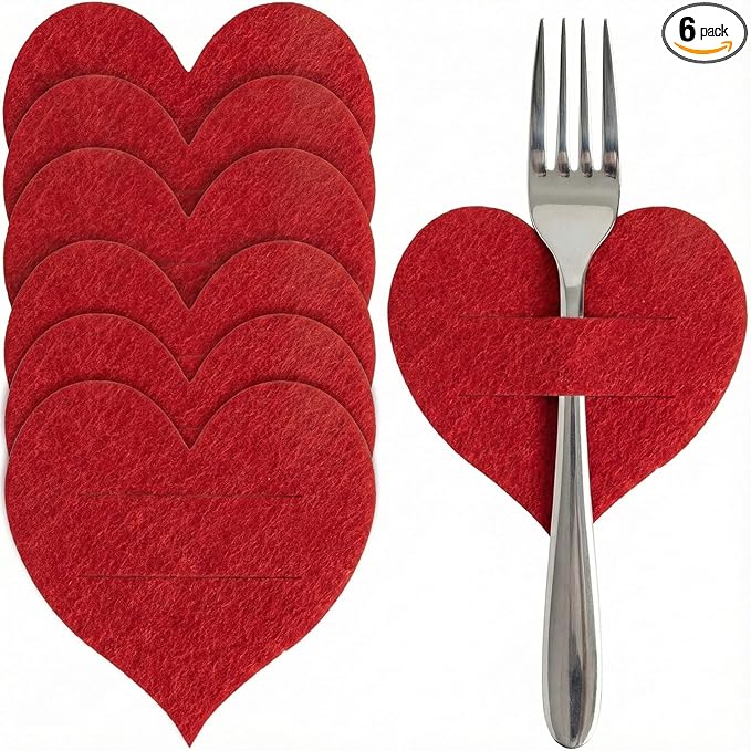 Threetols 6Pcs Valentine's Day Tableware Utensil Holder Red Heart Shape Fork Cutter Bag, Red Love Theme Felt Flatware Bags Covers for Engagement Xmas Dinner Table Party Decor Supplies