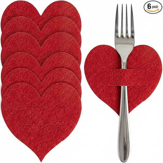 Threetols 6Pcs Valentine's Day Tableware Utensil Holder Red Heart Shape Fork Cutter Bag, Red Love Theme Felt Flatware Bags Covers for Engagement Xmas Dinner Table Party Decor Supplies