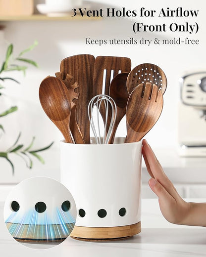 LoeJan 7.3“ 360° Rotating Ceramic Utensil Holder for Kitchen Countertop – Cooking Utensil Crock Organizer with Non-Slip Cork Base for Farmhouse Kitchen Decor, White
