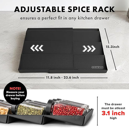 EDELHAUS Spice Drawer Organizer - Expandable Spice Rack for Drawer, Black Seasoning Organizer for Drawer Spice Organizer, Spice Organization Seasoning rack insert for Cabinet (Jars Not Included)