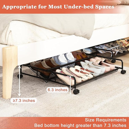 Under Bed Shoe Storage Organizer, Metal Mesh Under Bed Storage Containers with Wheels, Shoe Organizer Drawer Space Saving for Bedroom, 1 Pack