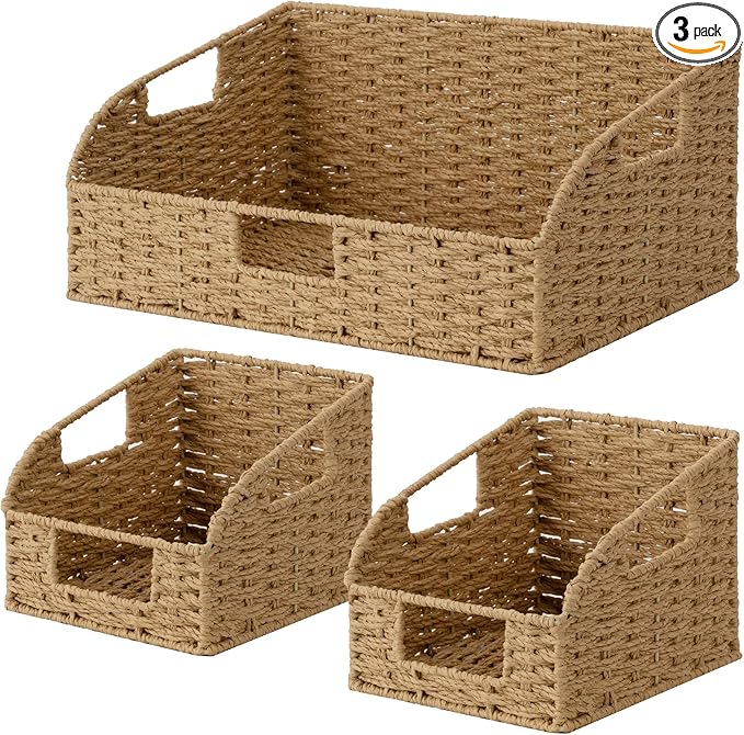 StorageWorks Paper Rope Pantry Storage Baskets, Wicker Baskets with Built-in Handles, Handwoven Shelf Baskets for Organizing, Pantry Organizers and Storage, Natural, 3 Pack
