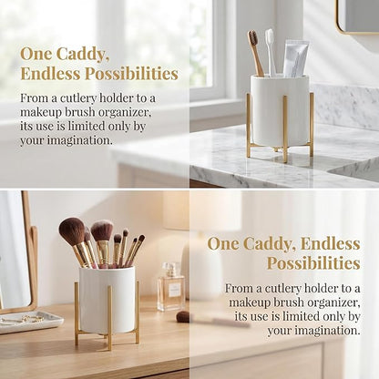 Ceramic Spoon Holder, Silverware Holder For Countertop, Sturdy Cutlery Holder, Gold Utensil Holder for Kitchen Countertop, White Ceramic Cup with Gold Metal Bracket, 1 Pcs