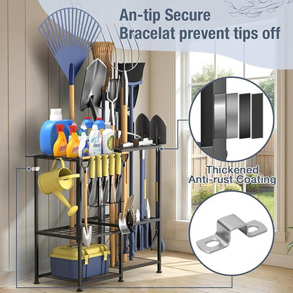 Garden Tool Organizer, Metal Yard Tool Organizer,Holds 70 Long-Handled Tools/Rakes/Brooms,Side Garden Pocket,Heavy Duty Steel Yard Tool Storage Rack for Garage,Shed, Outdoor(Black-Large)