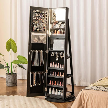 Multigot 3-Color LED Lights Jewellery Cabinet, 3-in-1 360° Swivel Jewelry Armoire with Full-Length Mirror, Lockable Cosmetic Storage Organizer for Dressing Room Living Room Bedroom (Black)