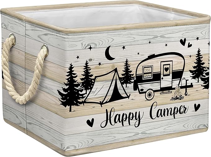 Camping Storage Basket Happy Camper Collapsible Picnic Basket with Handles Outdoor Camping Accessories Storage Bin Organizer for Clothes Toys Books (Balck & Teal, 15x10x10 Inch)