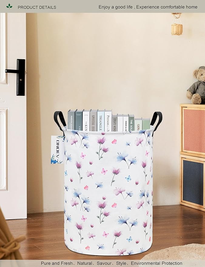 Round Waterproof Laundry Basket,Laundry Hampers with Handle,Gift Basket,Suitable for Children's Room and Toy Storage (Watermark flower)