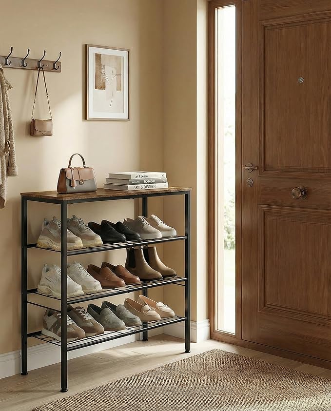 4-Tier Shoe Rack for Entryway, Bedroom & Living Room – Sturdy Shoe Storage Organizer with Adjustable Leveling Feet, Compact Design (26.9”x11.8”x25.1”), Rustic Brown