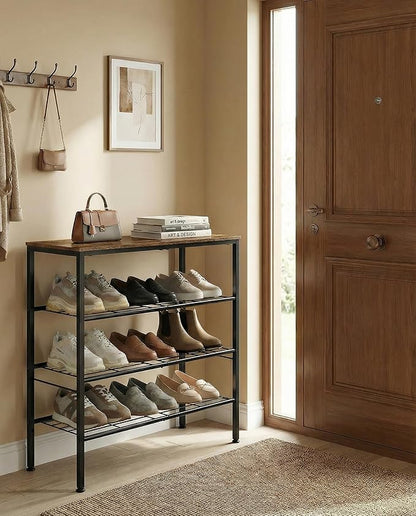 4-Tier Shoe Rack for Entryway, Bedroom & Living Room – Sturdy Shoe Storage Organizer with Adjustable Leveling Feet, Compact Design (26.9”x11.8”x25.1”), Rustic Brown