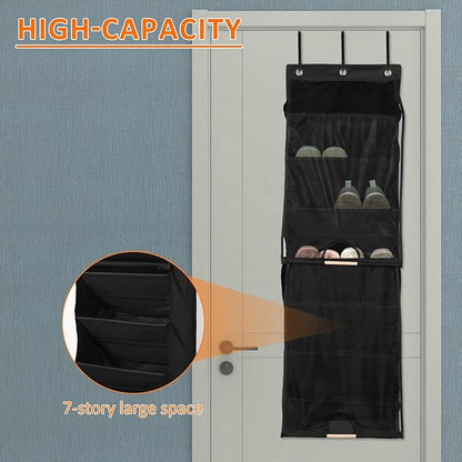 Over The Door Shoe Organizer with Curtain, 7 Layers Large Capacity Hanging Door Shoe Rack Easy to Install for Bedroom Closet Dorm