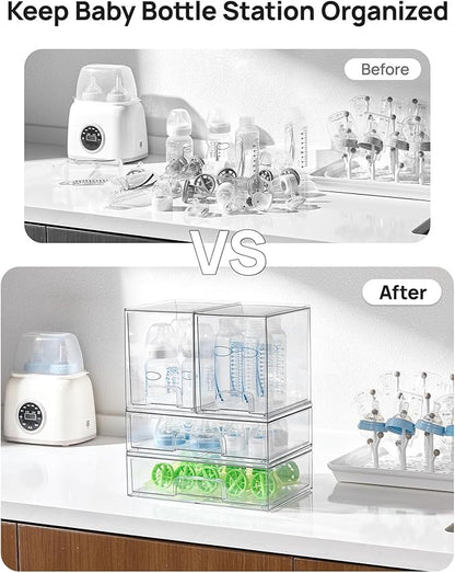Vtopmart Clear Stackable Storage Drawers Set of 4, Plastic Organizer Bins for Makeup, Cosmetics, Beauty Supplies,Ideal for Vanity, Bathroom,Cabinet,Pantry Organization