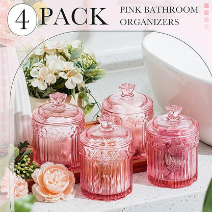 Hushee 4 Pcs Crystal Glass Candy Jar Set with Lids Home Decorative Storage Jars for Apothecary, Bathroom, Kitchen, and Pantry, Ideal for Cotton Swabs and Jewelry(Pink)