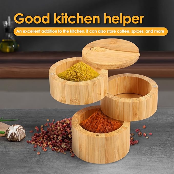 Bamboo Triple Salt Cellar, Salt Cellar with Magnetic Swivel Lid and Spoon, Salt and Pepper Bamboo Container, Large Capacity Salt Container for Sea Salt Coffee Seasoning