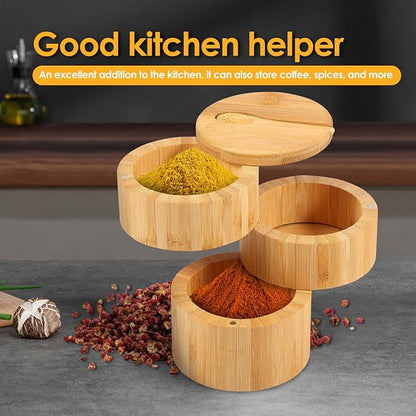 Bamboo Triple Salt Cellar, Salt Cellar with Magnetic Swivel Lid and Spoon, Salt and Pepper Bamboo Container, Large Capacity Salt Container for Sea Salt Coffee Seasoning